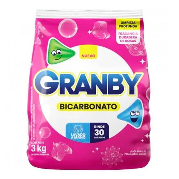Jabón En Polvo Granby Baja Espuma Bicarbonato Rosas 3 Kg