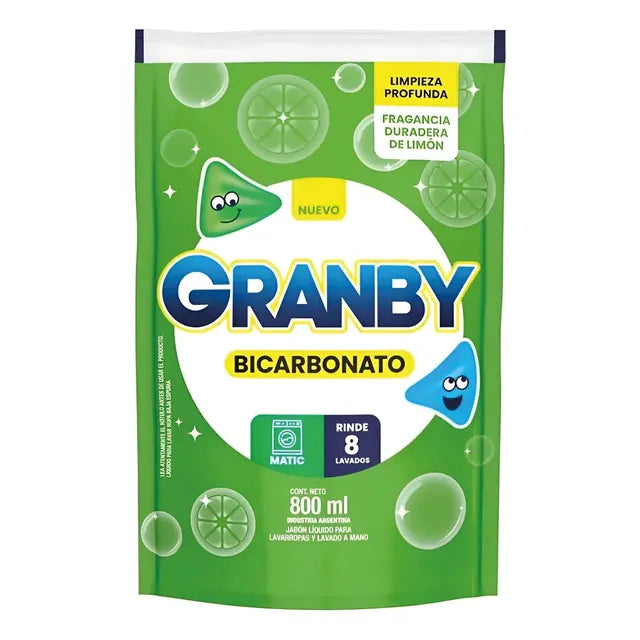 Jabón Liquido para lavar ropa Granby Bicarbonato Baja Espuma de Limón 800 ml