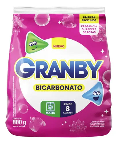 Jabón en Polvo para lavar ropa GRANBY Bicarbonato Baja Espuma de Rosas 800 g